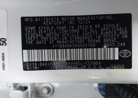 2025 Toyota Camry Le из США, поврежденный, VIN 4T1DBADK5SU522109